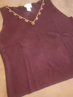 Oscar Dela Renta Brown Beaded Knit Tank